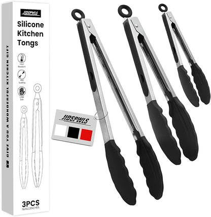 Premium Stainless Steel Heat Resistant Kitchen Tongs for cooking,set of 7"+9"+12" (Black),Non Scratch Silicone cooking Tong Tip for Cooking Pans,Strong Grip BBQ tongs for Grabbing Hot Food by JIDSPWLS-USStrore