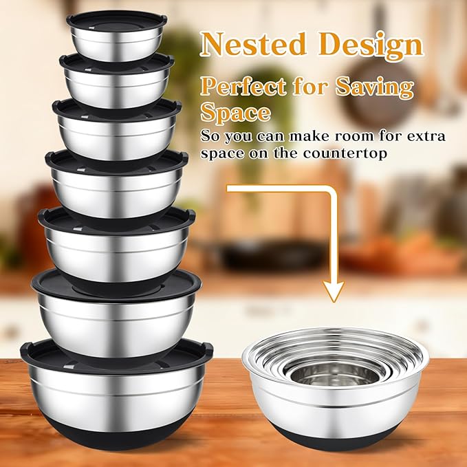 Unokit Mixing Bowls with Lids Set - 7 Pcs Stainless Steel Mixing Bowls with 3 Grater Attachments, Non-Slip Silicone Base Mixing Bowl Set for Kitchen - Image 6