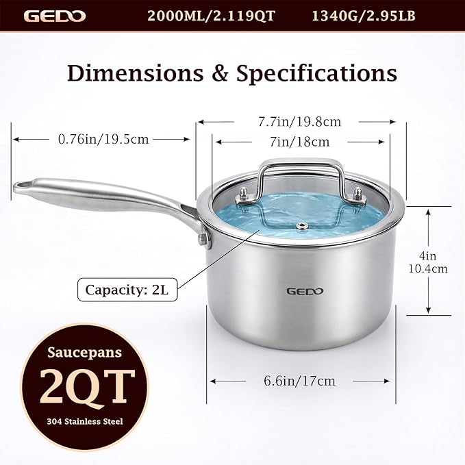 GEDO 3-Ply 304 Stainless Steel Saucepan with Lid, One-Piece Rivet-Free & Seamless Design, Angled Spout & Heat-Resistant Handle, Universal Stovetop Compatible for Indoor Cooking (7 In / 18cm Size) - Image 3