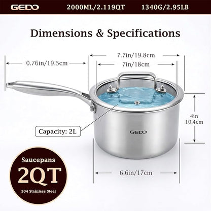 GEDO 3-Ply 304 Stainless Steel Saucepan with Lid, One-Piece Rivet-Free & Seamless Design, Angled Spout & Heat-Resistant Handle, Universal Stovetop Compatible for Indoor Cooking (7 In / 18cm Size) - Image 3
