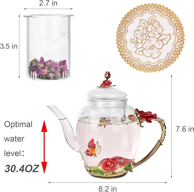 Enamel Glass Flower Tea Pot With Removable Loose Tea Leaf Infuser Tea Maker Teapot Set 30.4OZ Gifts for Women,Mom,Birthday - Image 3
