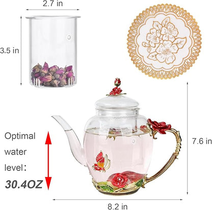 Enamel Glass Flower Tea Pot With Removable Loose Tea Leaf Infuser Tea Maker Teapot Set 30.4OZ Gifts for Women,Mom,Birthday - Image 3