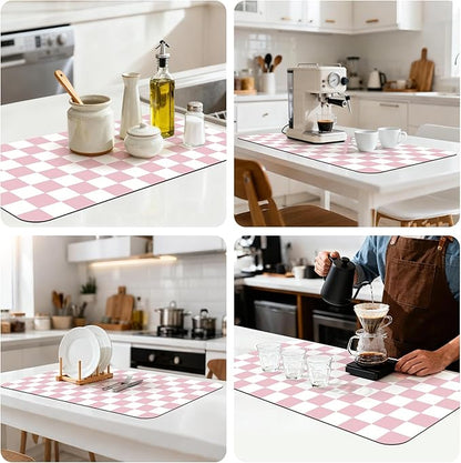 17" x 32" Checkered Dish Drying Mat for Kitchen Counter, Absorbent Coffee Bar Mat for Espresso Machine Coffee Countertops Accessories, Pink - Image 8