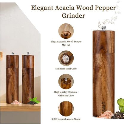 XWXO 2 Pack Acacia Wooden Salt and Pepper Grinder Set 8 Inches Refillable Salt and Pepper Mills Adjustable Coarseness, Acacia Wood with Ceramic Core Peppercorn Shaker Tableware Birthday Gifts - Image 4