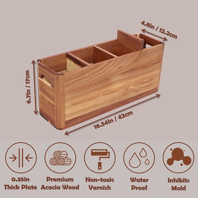 Wooden Kitchen Utensil Holder for Countertop - Extra Large Utensil Organizer for Storage Cooking and Silverware with 4 Compartment, Rustic Acacia Wood Container - Image 4