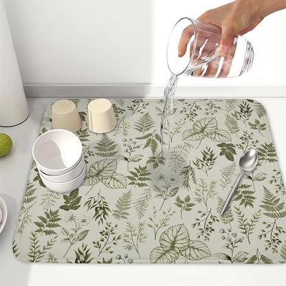 Vintage Botanical Floral Dish Drying Mat for Kitchen Counter Sage Green Herbs Fern Leaves Plant Microfiber Dish Drainer Mat Absorbent Washable Drying Pad 16"x18"