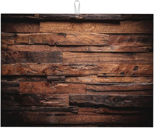 Dark Wood Dish Drying Mat Vintage Natural Wooden Board Rustic Farmhouse Style Drying Rack Pad Countertop Dishes Ultra Absorbent Microfiber Kitchen Counter Mat 18x24 Inch