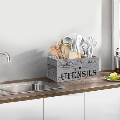 Suli Extra Large Kitchen Utensils Holder with 4 Compartments, Wooden Utensil Organizer for Kitchen Countertop, Farmhouse Decor, Rustic Cooking Utensil - Grey grain - Image 8