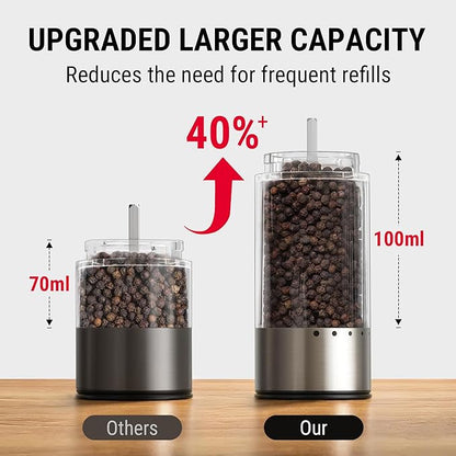 TempPro 100ml Electric Salt and Pepper Grinder Set Rechargeable, Automatic Pepper Grinder Shakers with External Adjustment, Refillable Pepper Mill Set with Cover & LED, 2-Pack(Previously ThermoPro) - Image 3