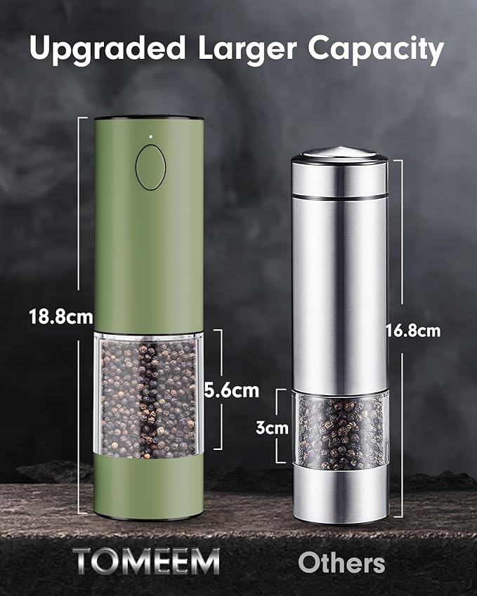 TOMEEM Upgraded Larger Capacity Electric Salt and Pepper Grinder Set Rechargeable with LED lights, Stainless Steel Automatic Pepper and Salt Grinder Refillable with 5 Adjustable Coarseness Green - Image 6