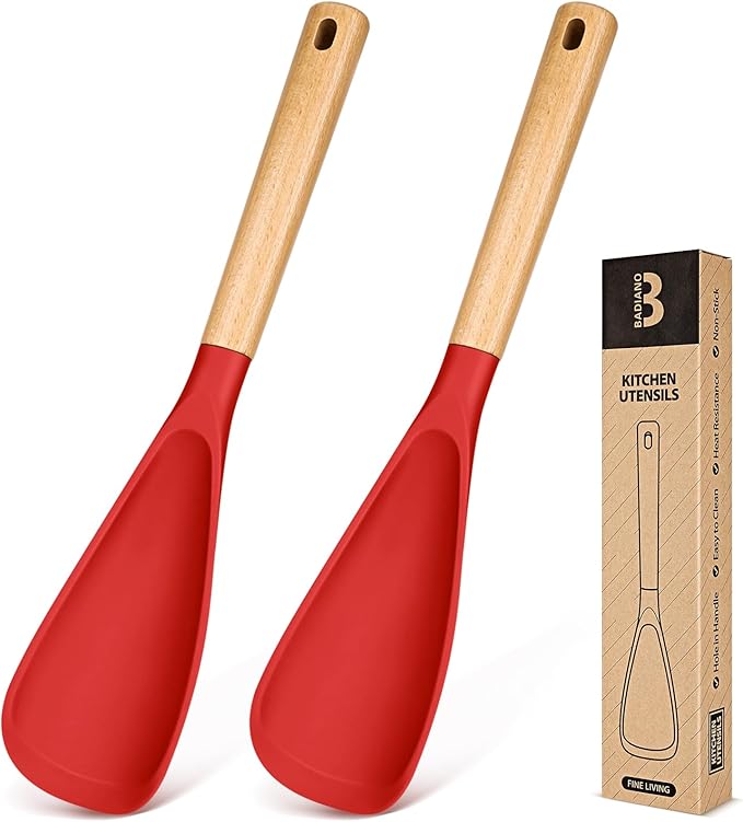 Cooking Spoon for Nonstick Cookwares, Great for Cooking and Serving Sturdy BPA-Free Matte Silicone, Wood Handle Spoon for Mixing, Scoop, and Scrape (2 Pack of Red, 13.4 inch) by BADIANO