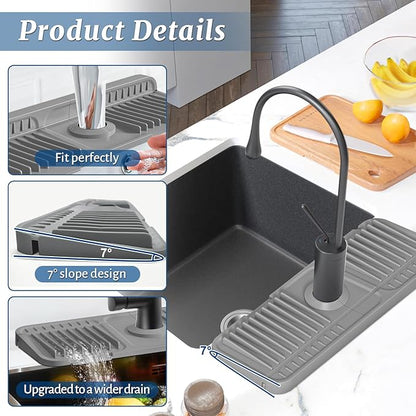PoYang 14.6 inch Faucet Mat for Kitchen Sink Splash Guard, 7° Slope Silicone Sink Water Splash Guard for Kitchen Sink Area with Snap Button, Small Sink Protectors for kitchen Sink Sponge Holder, Grey