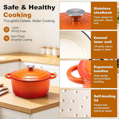 Enameled Cast Iron Dutch Oven - 4QT Pot with Lid,Oven Safe to 500°F,Heavy-Duty Cookware for Sourdough Bread Baking,Braising,Stews,Roasting Orange - Image 6