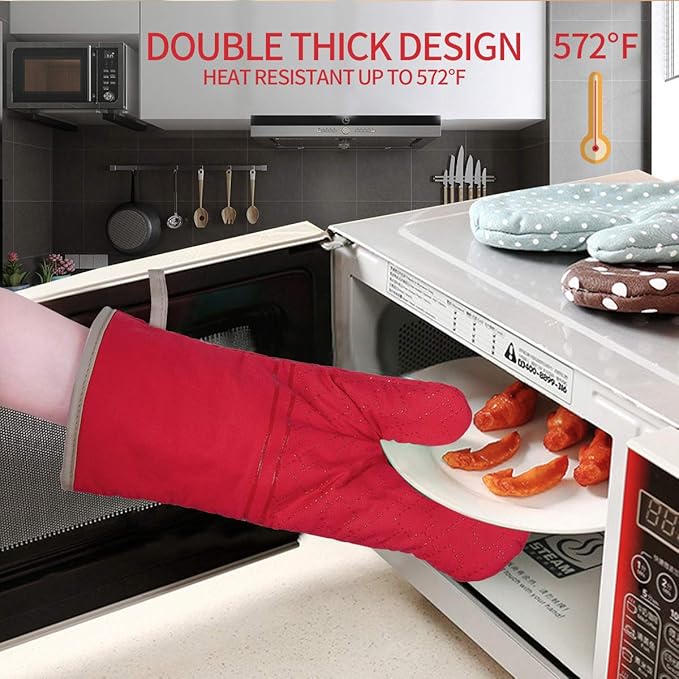 4Pcs Oven Mitts and Pot Holders Set, 572F Heat Resistant Oven Glove, Soft Cotton Lining with Non-Slip Surface for Kitchen Baking BBQ (Red) - Image 3