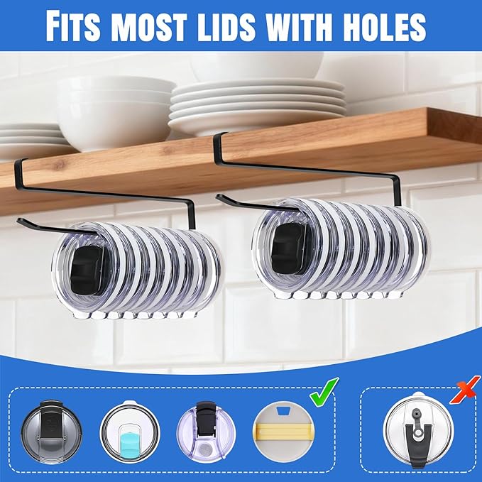 2 Pack Tumbler Lid Organizer, Versatile Cup & Water Bottle Lid Holder, Upgraded Kitchen Space Saver & Under Cabinet Storage, No Adhesive or Drilling Needed, Multi-Use Tumbler Lid Holder, Black - Image 4