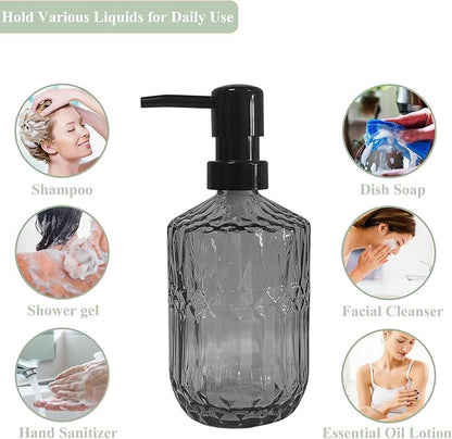 Grey Glass Soap Dispenser with Black Pump, 15oz Liquid Hand Dispenser, Refillable Lotion Dish Soap Dispenser for Modern Home Decor, Bathroom, Kitchen Countertop, Hotel