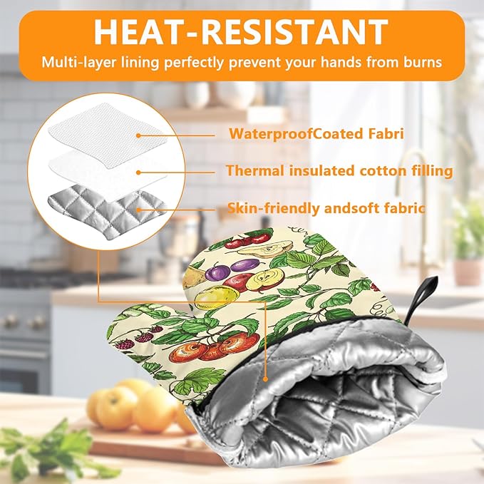 Fruit Oven Mitts and Pot Holders Sets 4Pcs,Extra Long Oven Gloves Potholder for Kitchen Cooking Baking BBQ 100% Cotton Heat Resistant - Image 3