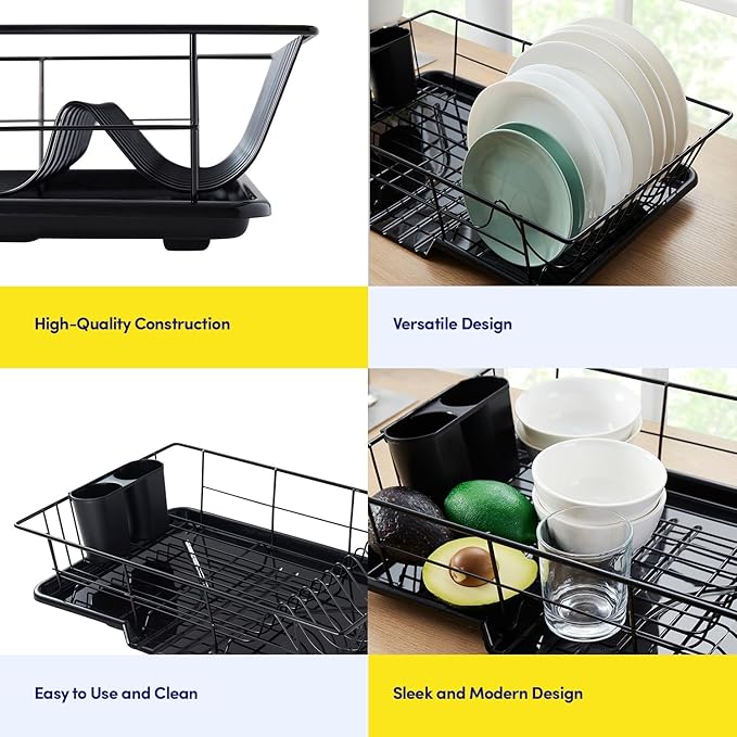 Space-Saving 3-Piece Dish Drainer Rack Set with Cutlery Holder - Maximize Countertop Space, Black - Image 6