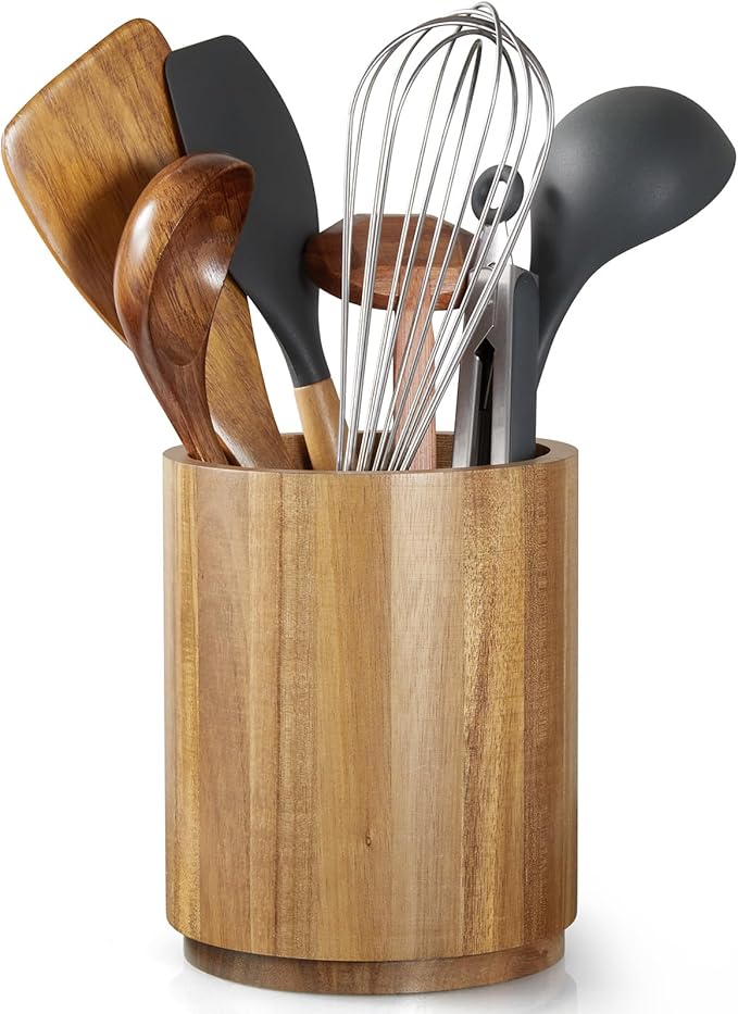 Bivvclaz Acacia Wood Utensil Holder, 360°Rotating 7.2" Utensil Holder for Kitchen Counter, Large Kitchen Utensil Holder, Cooking Utensil Crock for Countertop, Farmhouse Kitchen Decor and Accessories by Bivvclaz