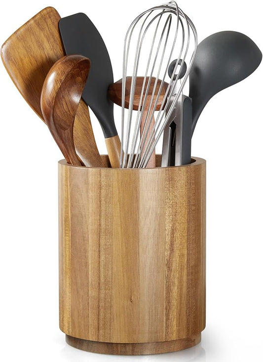 Bivvclaz Acacia Wood Utensil Holder, 360°Rotating 7.2" Utensil Holder for Kitchen Counter, Large Kitchen Utensil Holder, Cooking Utensil Crock for Countertop, Farmhouse Kitchen Decor and Accessories by Bivvclaz