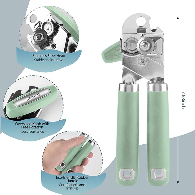 Safring Can Opener Manual, Heavy Duty Handheld Strong Can Opener with Soft Touch Handle, Sharp Blade Smooth Edge, Can Openers with Multifunctional Bottle Opener, Mint - Image 2
