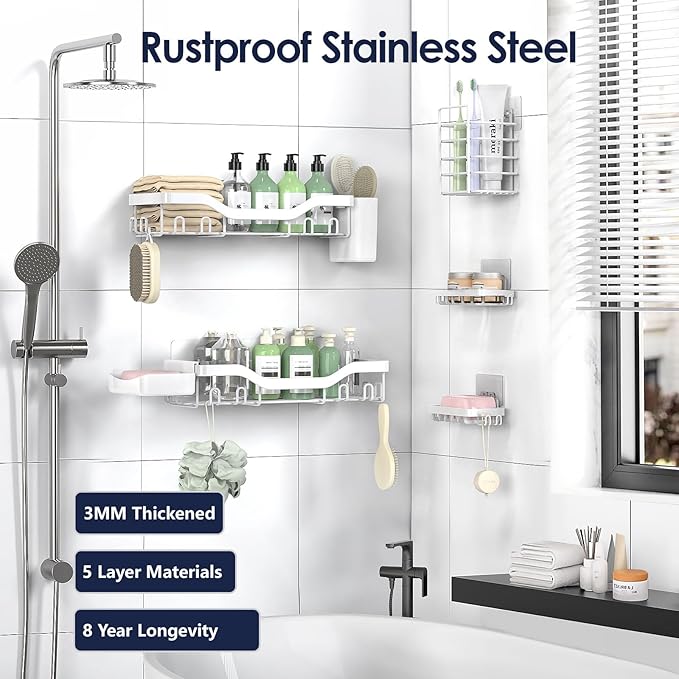 NESOMI Shower Caddy Adhesive Shower Organizer 7-Pack, Rustproof Stainless Steel Bathroom Shelves, Large Capacity No-Drill Rack Storage Accessories with Soap Dish Toothbrush Holder Hooks - Image 5