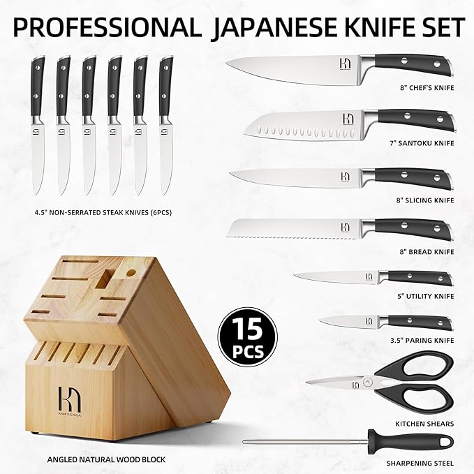 KnifeSaga Knife Set with Block, Japanese 15 PCS Ultra Sharp Ktichen Knives Set, High Carbon Stainless Steel Knife Block Set with Sharpener, Professional Knives with Ergonomic Handle for Home Chefs - Image 6