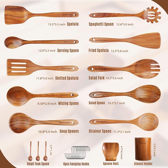 15Piece Wooden Spoons for Cooking Natural Teak Wooden Kitchen Utensils Set Comfort Grip - Image 3