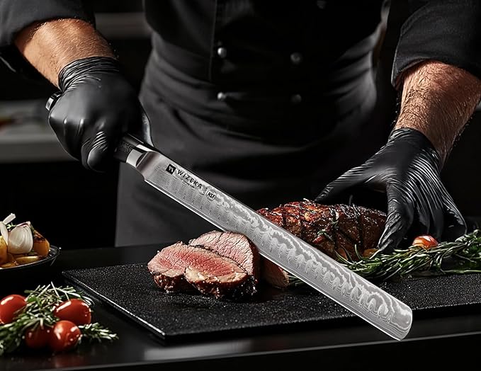WIZEKA 12 Inch Damascus Slicing Knife - Ultra Sharp, Full Tang Carving Knife with G10 Handle, Great for Slicing Roasts, Meats, Fruits - Image 6