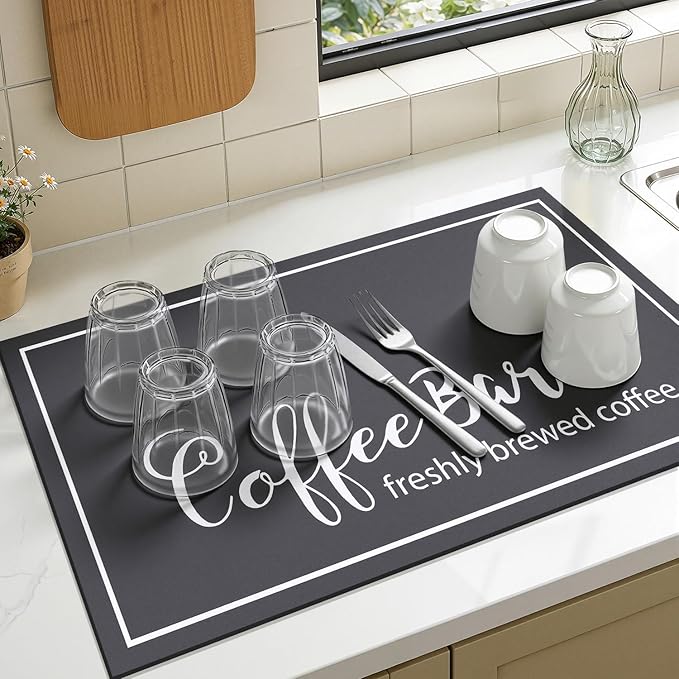 Findosom Dish Drying Mat, 17"x 32" Super Absorbent & Hide Stain Coffee Mat, Cuttable Drying Mat for Kitchen Counter, Coffee Bar Accessories, Under Dish Rack, Coffee Maker, Espresso Machine, DarkGrey - Image 9