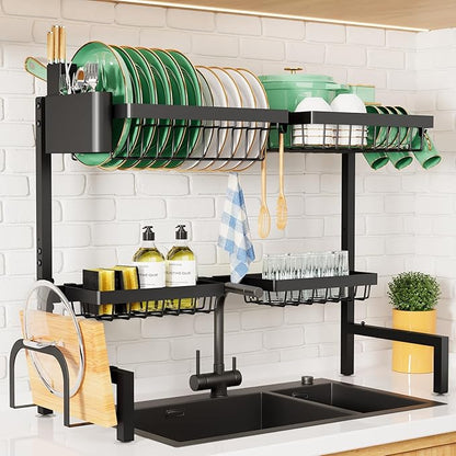 Kitsure Over The Sink Dish Drying Rack - 30.0" to 33.9" x 21.5", Adjustable Sink Drying Rack for Kitchen Sink with Multifunctional Baskets, Black by Kitsure