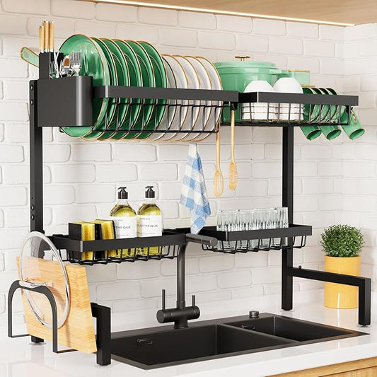 Kitsure Over The Sink Dish Drying Rack - 30.0" to 33.9" x 21.5", Adjustable Sink Drying Rack for Kitchen Sink with Multifunctional Baskets, Black by Kitsure