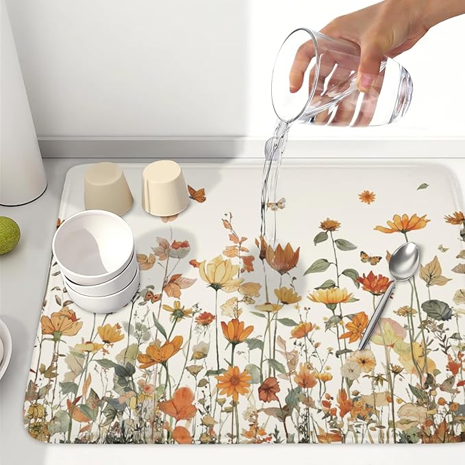 Fall Floral Dish Drying Mat for Kitchen Counter Orange Rustic Vintage Wildflower Pattern Microfiber Dish Drainer Mat Autumn Absorbent Washable Drying Pad Extra Large 18"x24"