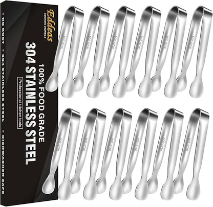 Eddeas Mini Tongs For Serving Food，Set fo 12 Small Tongs For Appetizers，Small Stainless Steel Metal Cooking Tong，for Tea Party Coffee Bar, 4 inch Sugar Tong - Silver by Eddeas