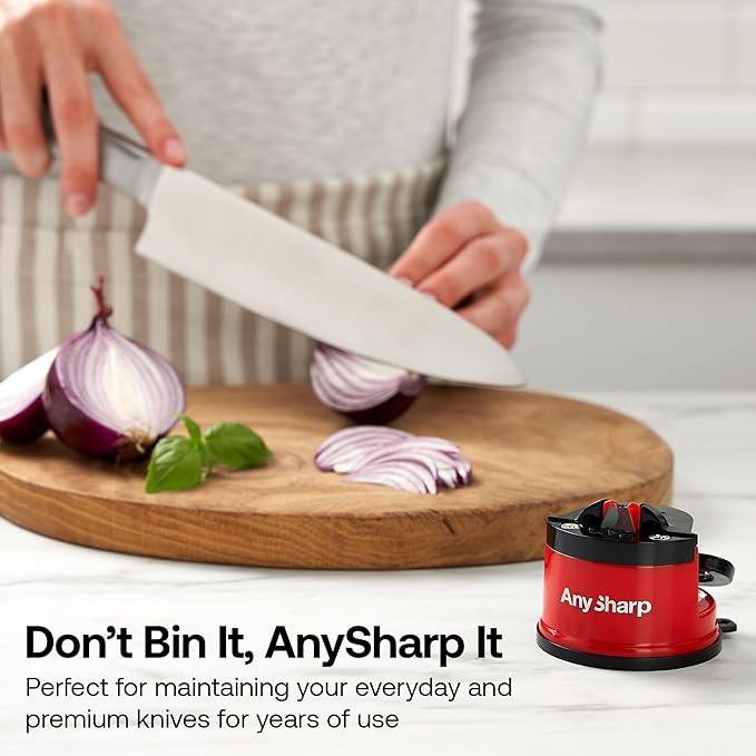 AnySharp – Global – Hands Free Knife Sharpener - Easy to Use Sharpening Tool with PowerGrip Suction Base and 20-Degree Pre-Set Angle - for All Knives: Chef's, Serrated, and Hardened Steel - Red - Image 8