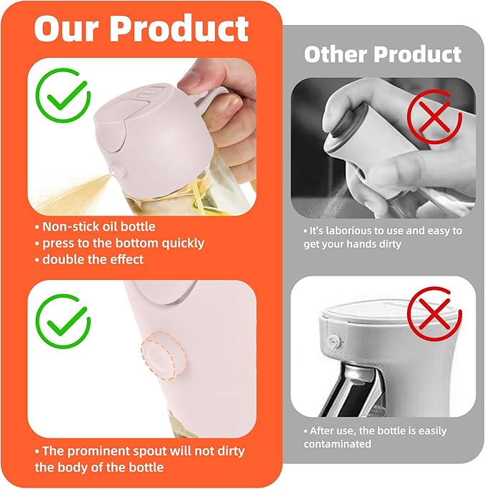 TrendPlain 16oz/470ml Glass Olive Oil Sprayer for Cooking - 2 in 1 Olive Oil Dispenser for Kitchen Gadgets, Air Fryer, Salad, and BBQ - Peach - Image 6