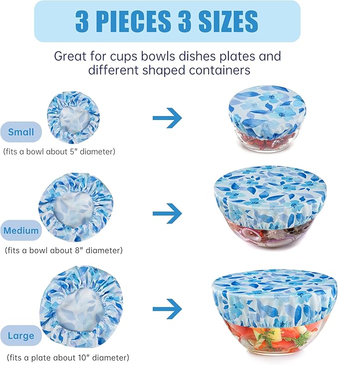 wegreeco Elastic Reusable Bowl Covers for Bread Proofing, Fabric Cloth Sourdough Bowl Covers for Proofing - Set of 3, Blue Flower