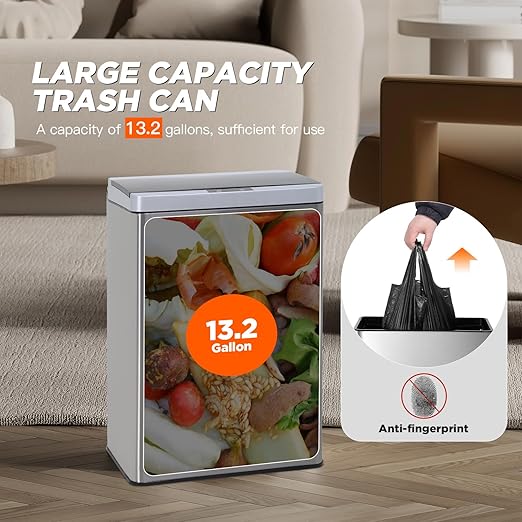 BestOffice 13 Gallon(50L) Trash Can Stainless Steel Kitchen Garbage Can with Automatic Sensing Cover Anti-Fingerprint for Home Office Bathroom Bedroom Kitchen Trash Can with Lid Waste Bin - Image 3