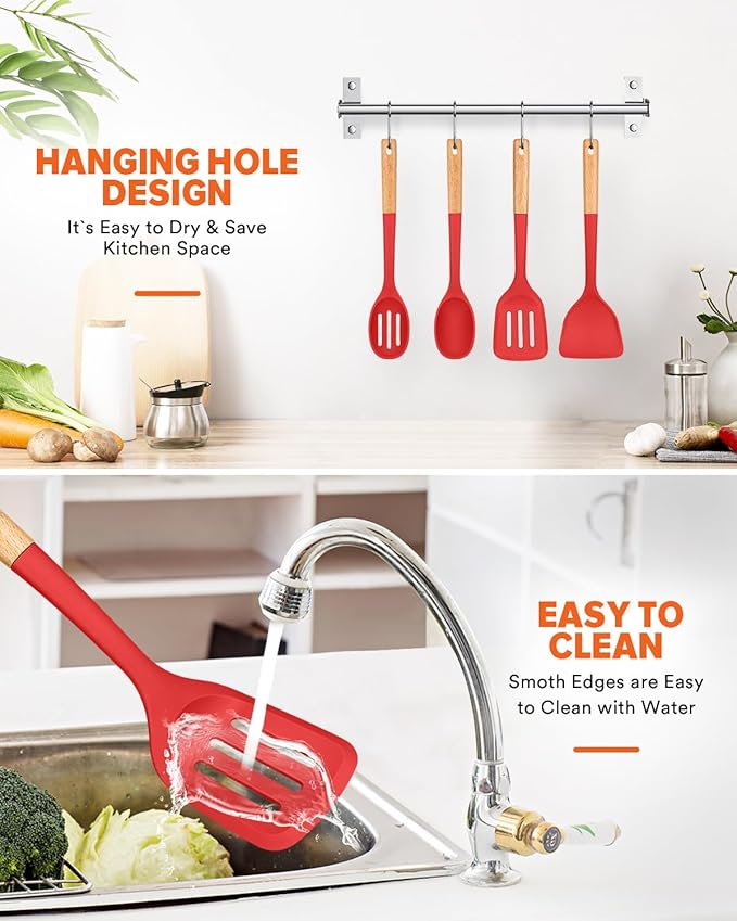 Silicone Cooking Utensils Set, Perfectly Angled for Frying, Mixing,Serving,Draining,Turning and Stirring, BPA-Free Matte Silicone, Wood Handles, Safe for Nonstick Cooking Surfaces,4 Pack (Red) - Image 6