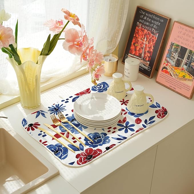 Red Blue Floral Dish Drying Mat 18x24 Inch Vintage 4th of July Drying Mat for Kitchen Counter Absorbent Patriotic Independence Day Memorial Day Flowers Dishes Dry Pad for Drainer Rack Kitchen Fast Dry