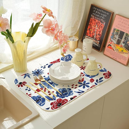 Red Blue Floral Dish Drying Mat 18x24 Inch Vintage 4th of July Drying Mat for Kitchen Counter Absorbent Patriotic Independence Day Memorial Day Flowers Dishes Dry Pad for Drainer Rack Kitchen Fast Dry