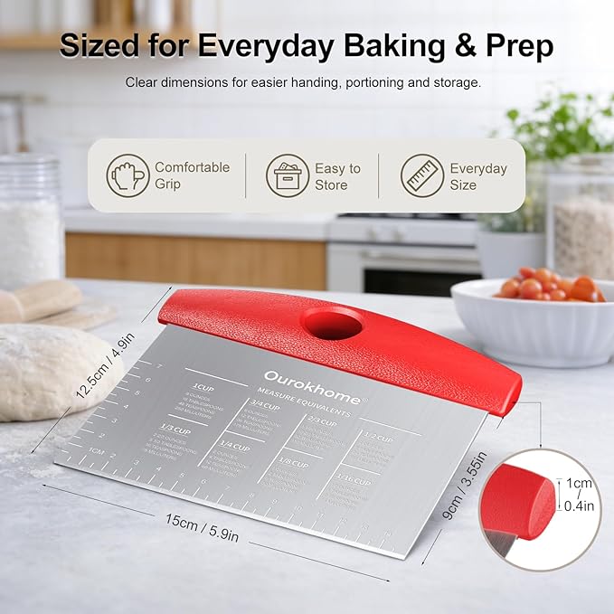 Ourokhome 2 Pack Bench Scraper Dough Cutter, Stainless Steel Dough Scraper with Laser-Etched Scale, Conversion Chart, Non-Slip Handle, Dishwasher Safe for Bread & Pastry, Red - Image 2