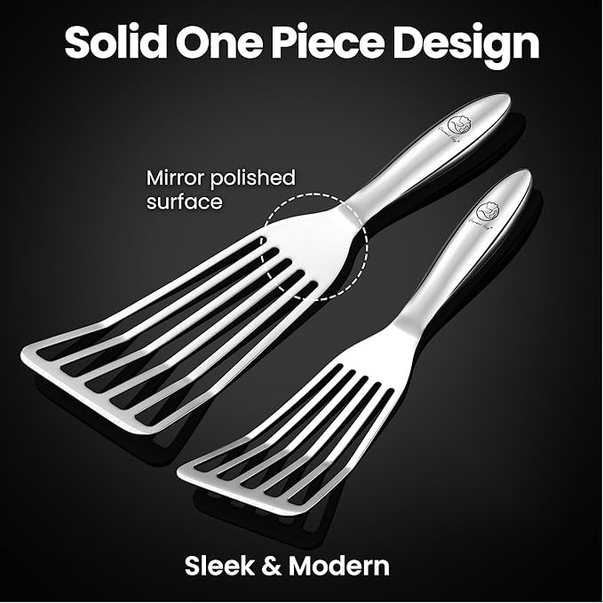 Stainless Steel Fish Spatula Set – 1 Large Fish Turner + 1 Small Metal Spatula, Ultra-Thin Edge for Easy Turning & Flipping, Metal Kitchen Utensils with Ergonomic Non-Slip Handle, Dishwasher Safe - Image 5