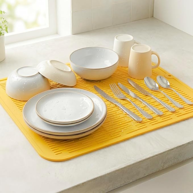 MicoYang Silicone Dish Drying Mat for Multiple Usage,Easy clean,Eco-friendly,Heat-resistant Silicone Mat for Kitchen Counter or Sink,Refrigerator or Drawer Liner Yellow XL 18 inches x 16 inches - Image 6