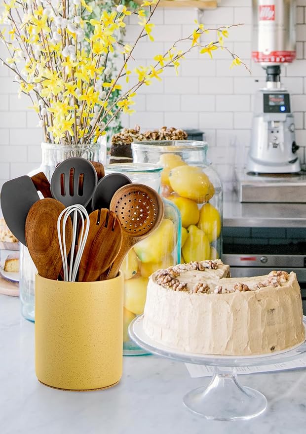 Nucookery Utensil Holder, 6.4" Ceramic Kitchen Utensil Holder for Countertop with Protection Cork Bottom, Vintage Farmhouse Kitchen Decor for Counter (Yellow Sand) - Image 6