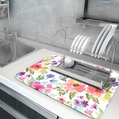 Spring Floral Dish Drying Mat for Kitchen Counter Flower Microfiber Absorbent Dish Draining Reusable Washable Foldable Extra Large 18"x24" - Image 5
