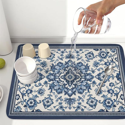 Blue Floral Dish Drying Mat for Kitchen Counter Vintage Flower Pattern Microfiber Dish Drainer Mat Rustic Farmhouse Absorbent Washable Drying Pad Extra Large 18"x24"