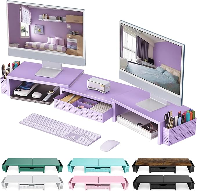 gianotter Dual Monitor Stand Riser, Desk Organizer With Drawer and 2 Pen Holders, Desk Organizers and Accessories, Purple Office Decor (Purple) by gianotter