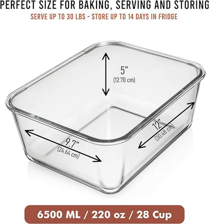 6500 ML / 220 oz / 28 Cup LARGE Glass Food Storage Container with Airtight Locking Lid. Ideal Storing food, Vegetables, Fruits. Baking Casserole, Lasagna, Roasting Turkey, Chicken BPA Free Oven Safe