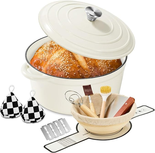 Enameled Cast Iron Dutch Oven with Lid -6.5 QT, incl. Sourdough Bread-Baking Supplies like Banneton Proofing Basket, Heavy Duty Cookware Bread-Oven for Baking, Stews, and Roasting, Cream White by Blingco